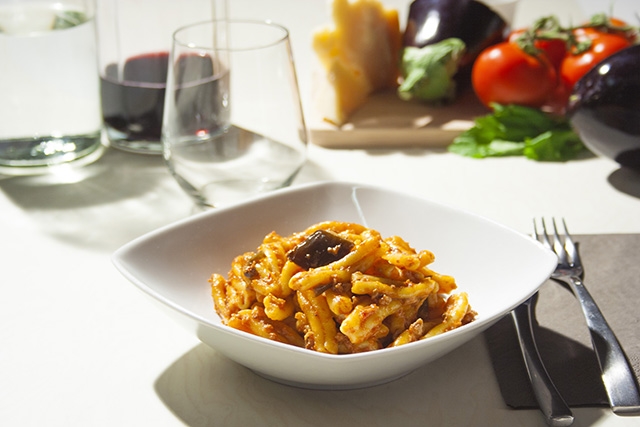 Strozzapreti Siciliana (Tomato Sauce with Eggplant and Meat)